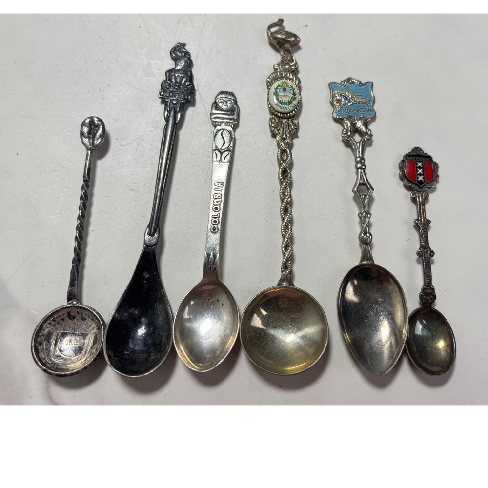 Vintage Souvenir Spoon Lot 6pc Costa Rica 1923 Coin Argentina Colombia Amsterdam